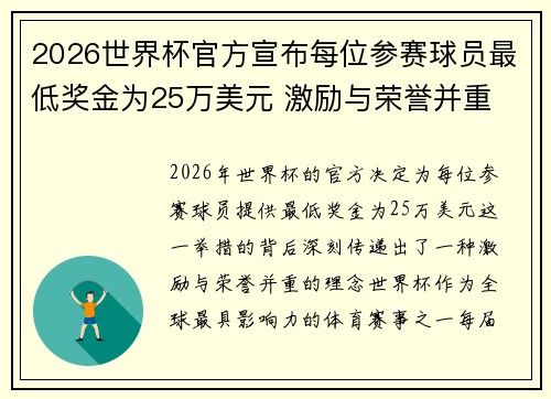 2026世界杯官方宣布每位参赛球员最低奖金为25万美元 激励与荣誉并重 2026世界杯官方宣布每位参赛球员最低奖金为25万美元 激励与荣誉并重